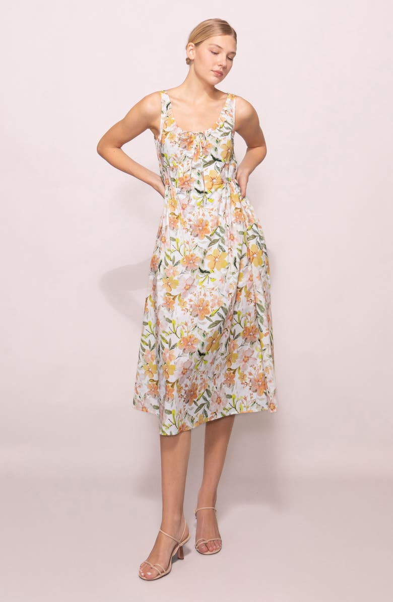 MELLODAY Printed Poplin Midi Dress, Alternate, color, Ivory Multi