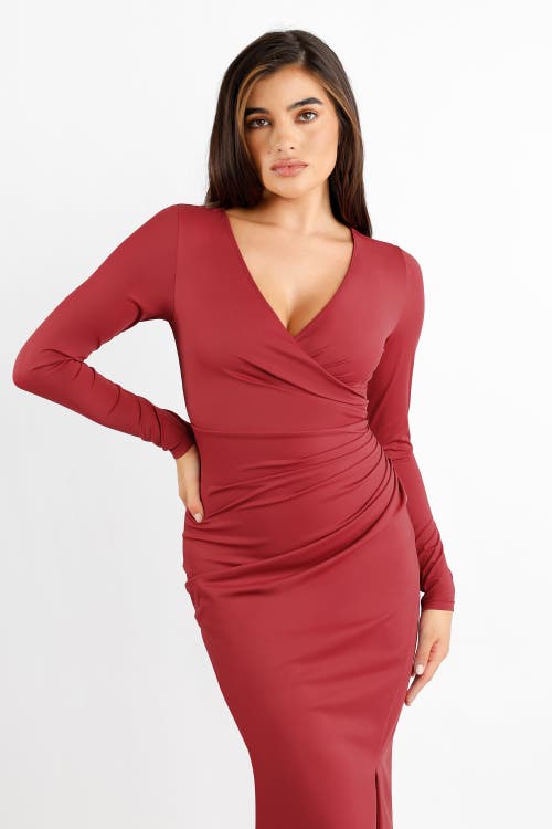 Popilush Shapewear Ruched Long Sleeve Faux Wrap Slimming Midi Dress In Cherry Red