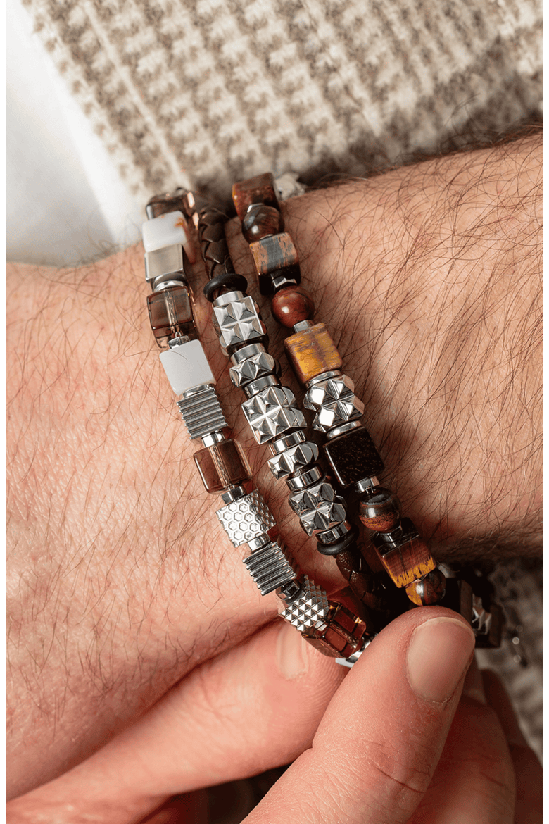 Tiger Eye Cube And Bead Bracelet With Stainless Steel Spikes Cubes, Alternate, color, Silver