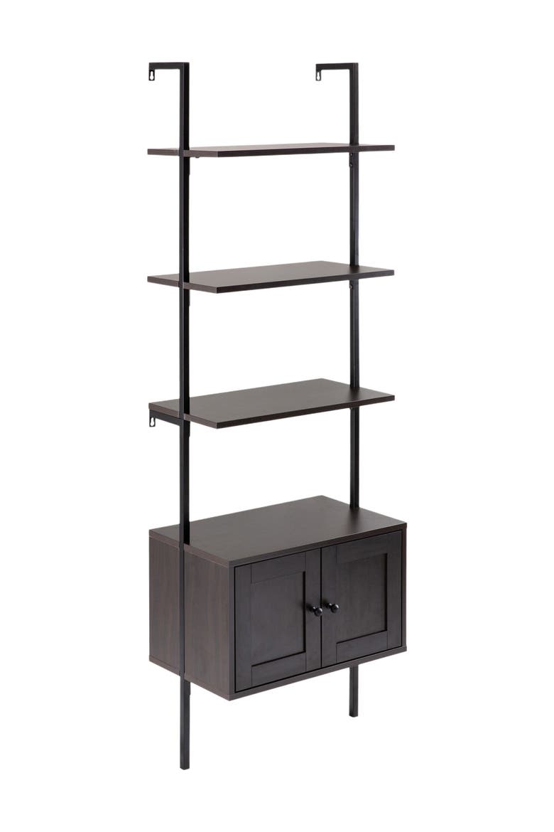 Tulare MidCentury Industrial 4-Shelf Wood Wall-Mounted Open Ladder Bookcase with Cabinet and Metal Frame, Main, color, Black