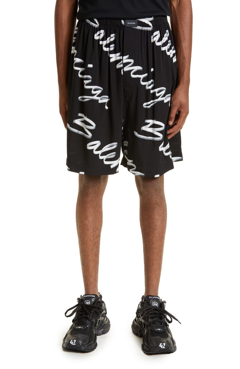 Balenciaga Men's Scribble Print Logo Shorts, Main, color,