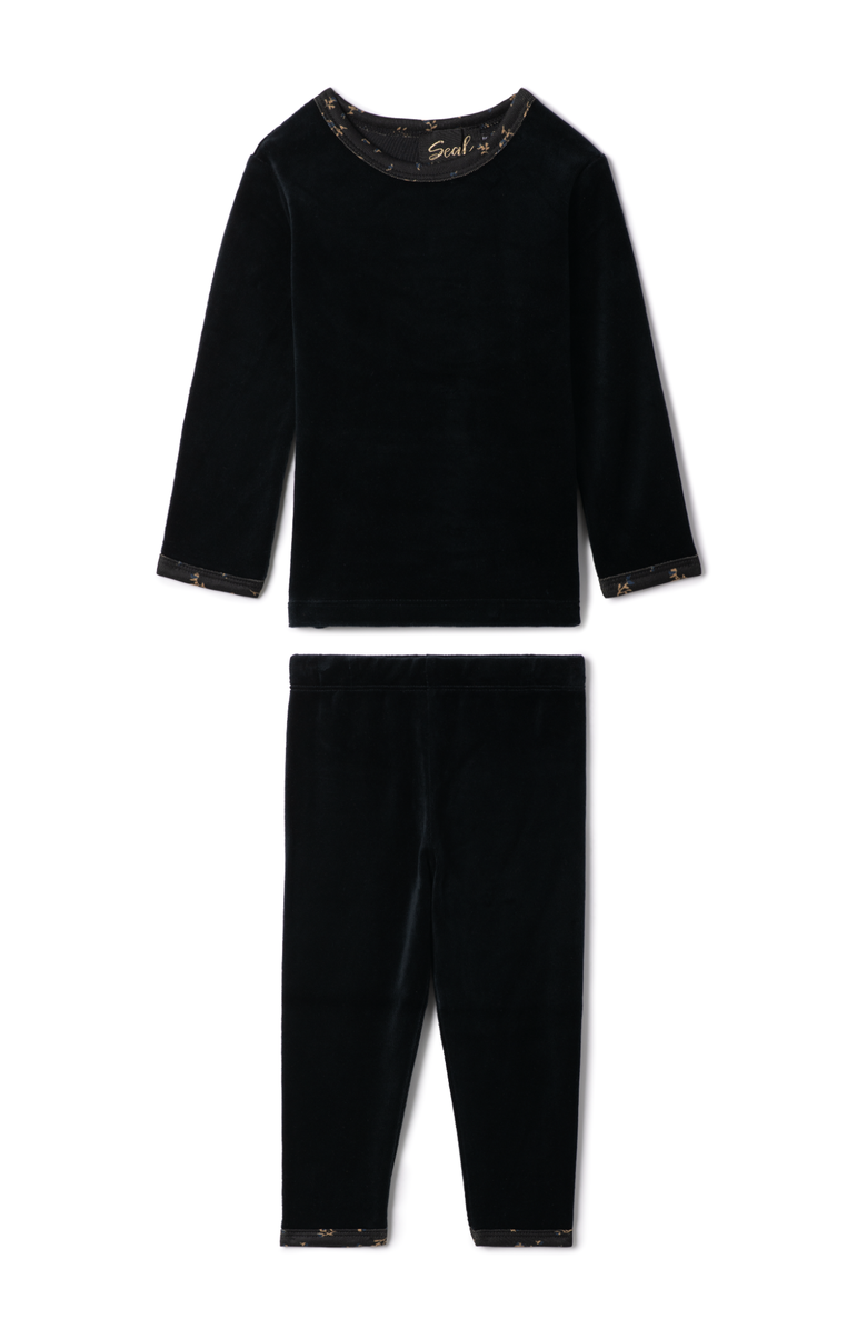 Seal Floral Neckline Long Sleeve Top & Elastic Waist Pants Velour 2 Piece Set, Main, color, Black
