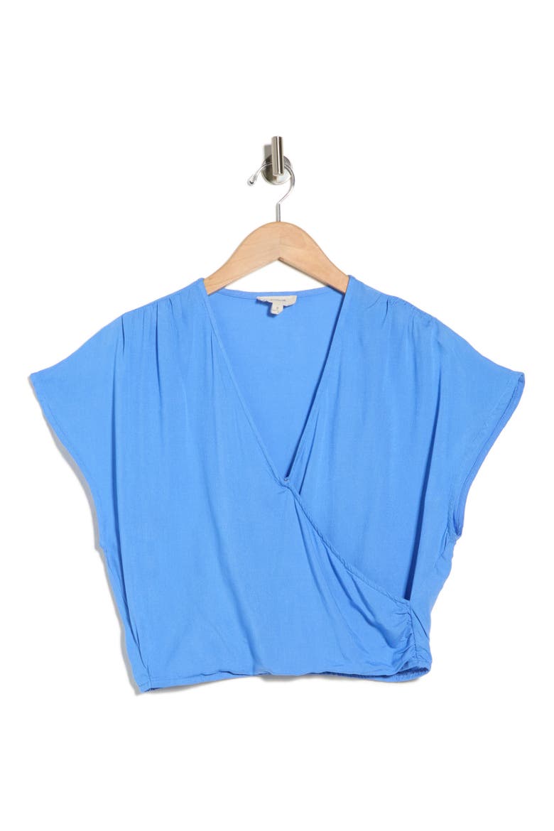 Short Sleeve Faux Wrap Cover-Up Crop Top, Alternate, color, BLUE