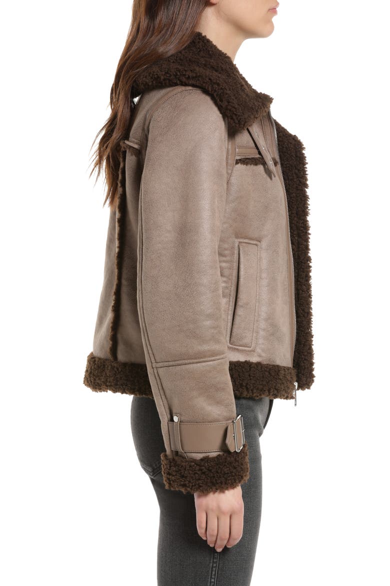 Women's Fleece Trim Faux Leather Bomber Jacket, Alternate, color, LIGHT BROW