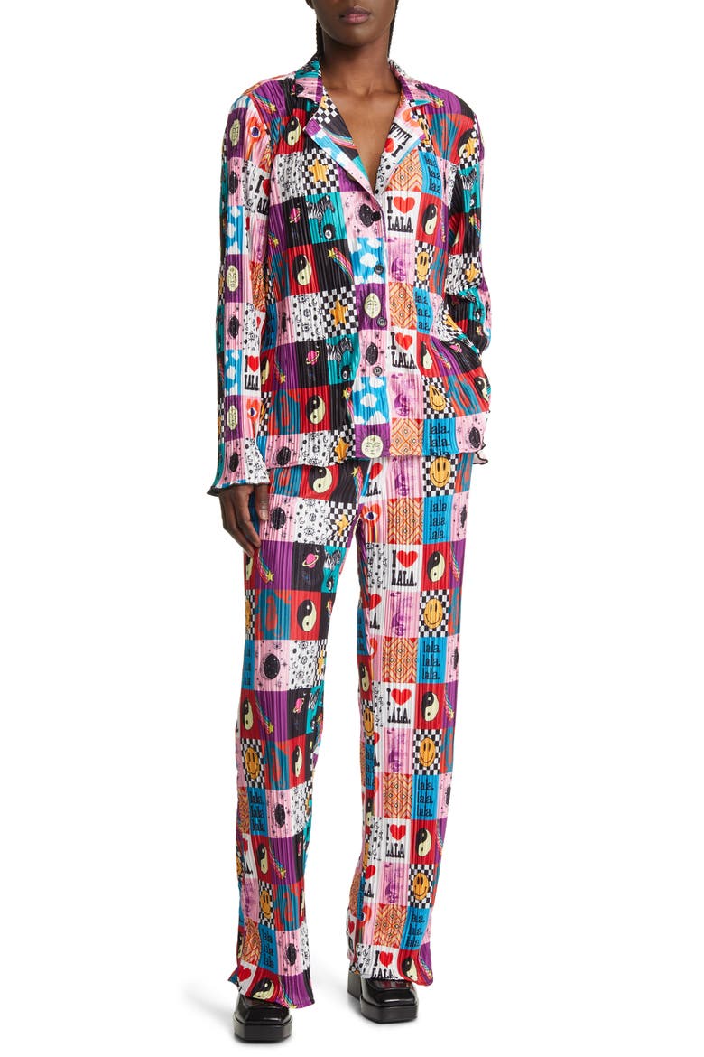 Notched Collar Plissé Top & High Waist Pants Set, Main, color, LALA WORLD