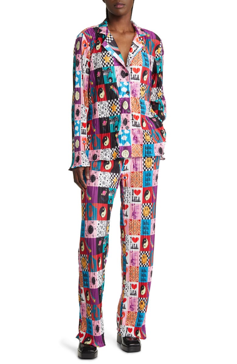 Dressed in Lala Notched Collar Plissé Top & High Waist Pants Set, Main, color,