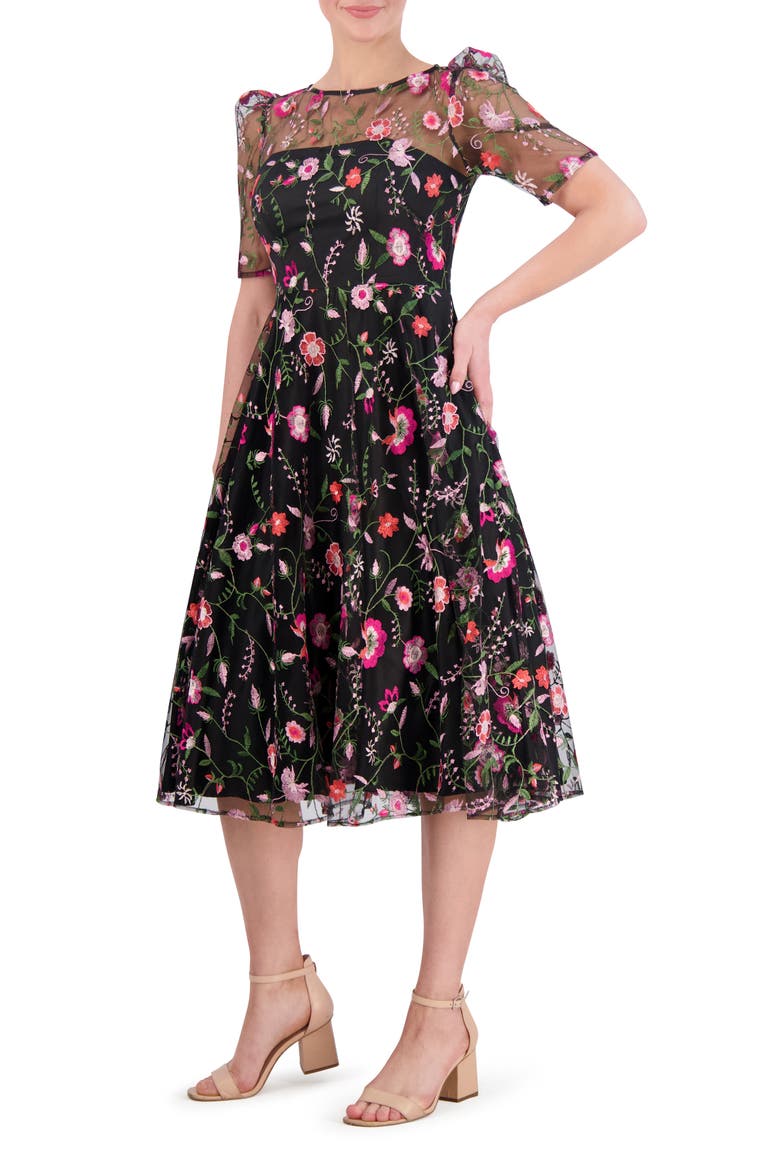Embroidered Illusion Neck Cocktail Midi Dress, Alternate, color, BLACK MAGENTA