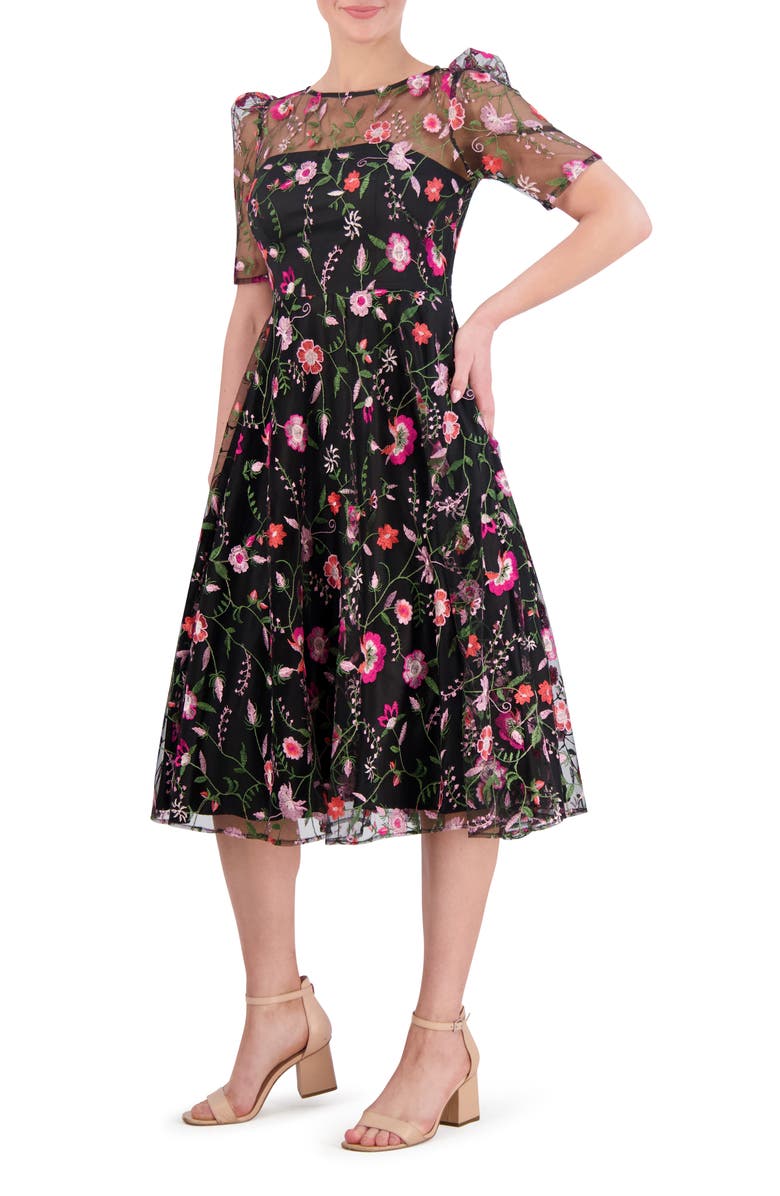 Eliza J Embroidered Illusion Neck Cocktail Midi Dress, Alternate, color, Black Magenta