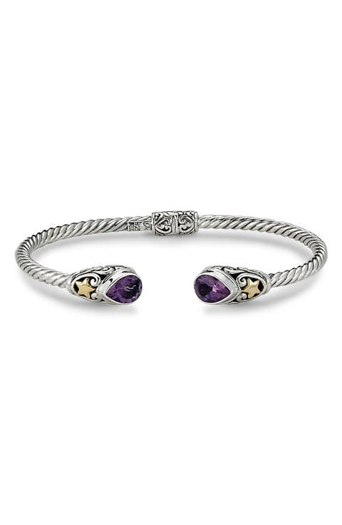 18K Yellow Gold & Sterling Silver Amethyst Twist Bangle Bracelet