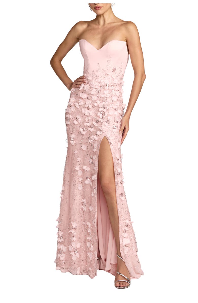 Mac Duggal Floral Satin Strapless Sweetheart Gown With Slit, Main, color, Blush