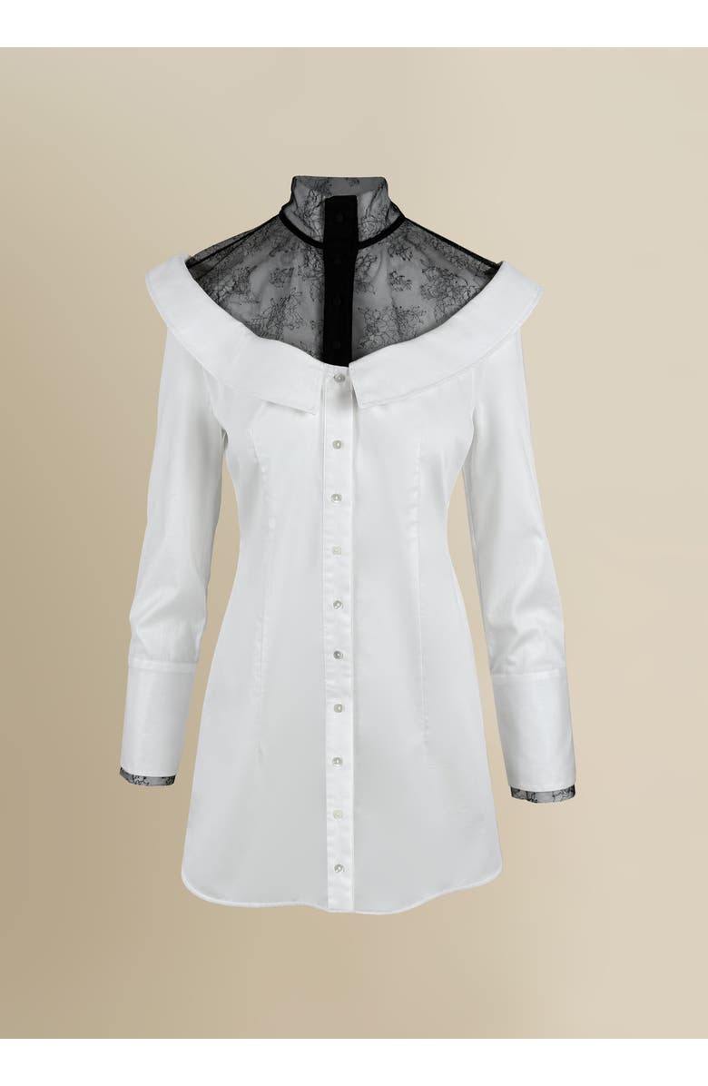 Contessa Mills Empress Oversized Lace-Trim Cotton Poplin Shirt Dress, Main, color, White