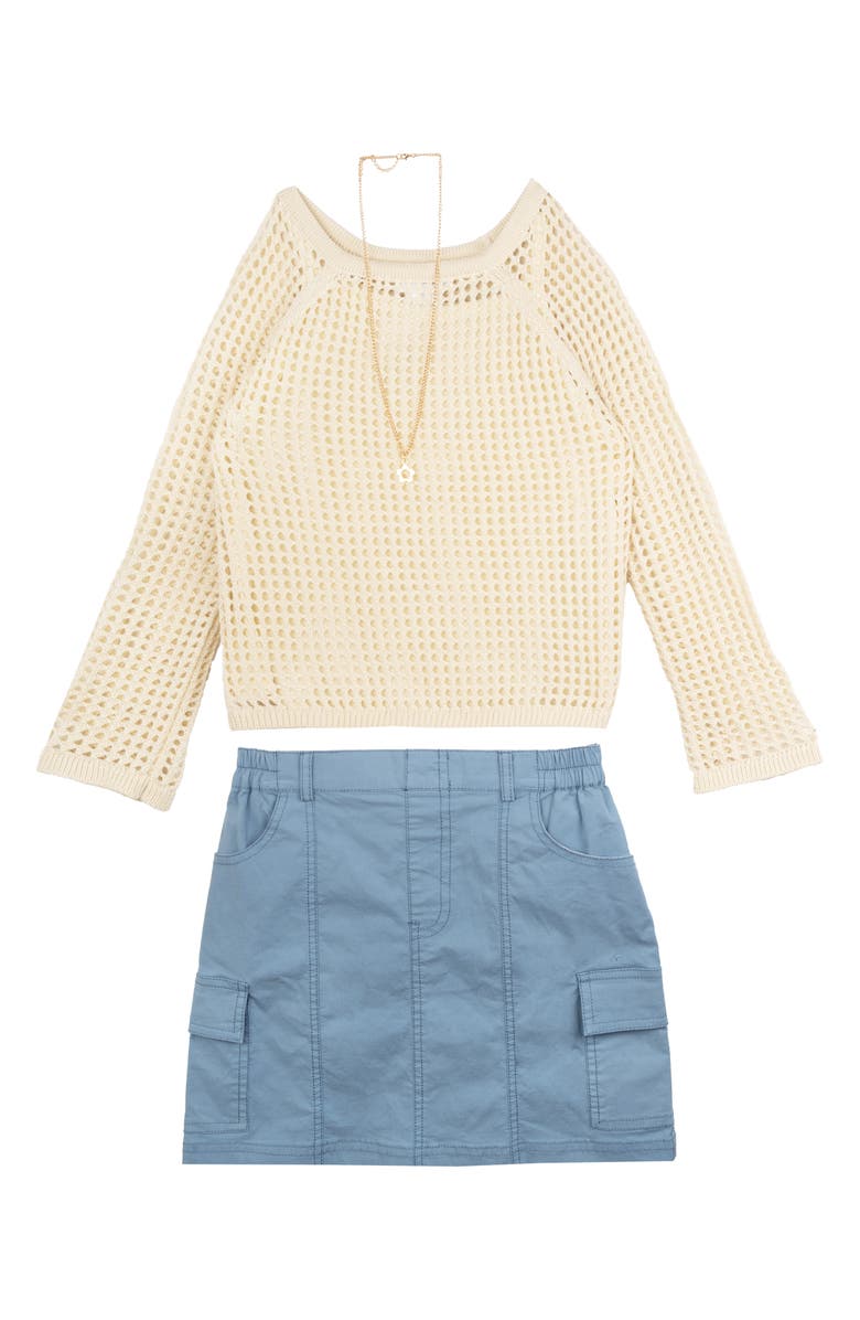 Rare Editions Kids' Open Knit Sweater, Cargo Skirt & Necklace Set, Main, color, 