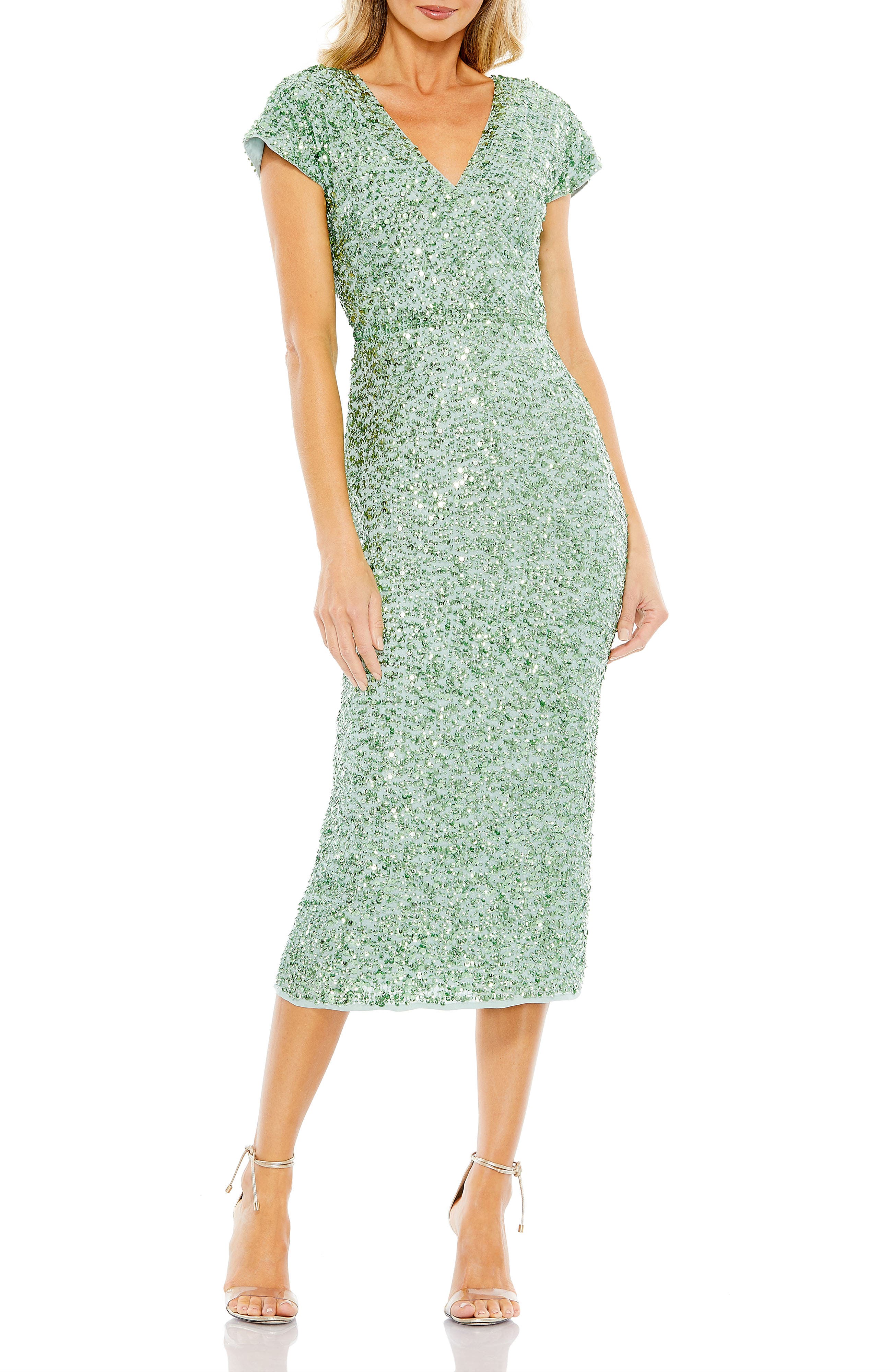 Sequined Short Sleeve Wrap Over Cocktail Dress