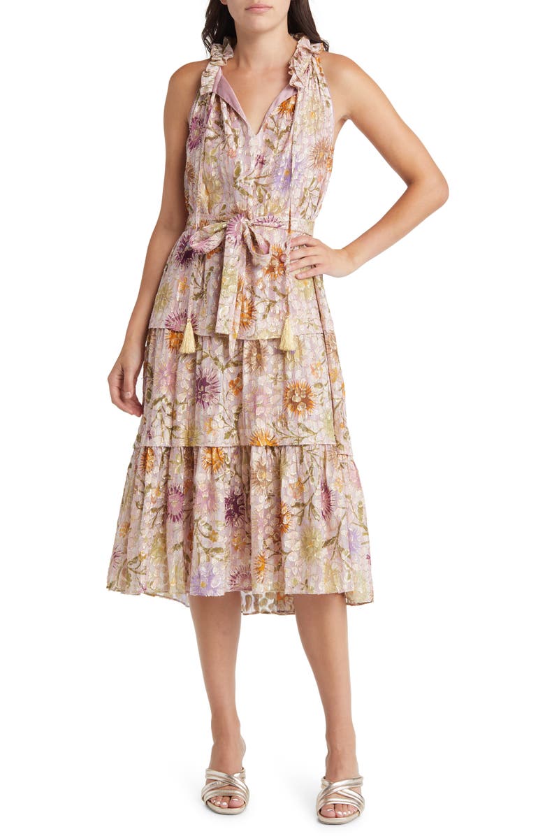 KOBI HALPERIN Rosalie Metallic Floral Tiered Dress, Main, color,