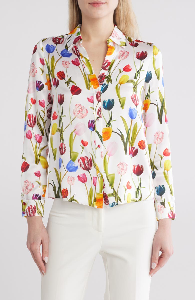 Alice + Olivia Eloise Floral Silk Button-Up Shirt, Main, color, 