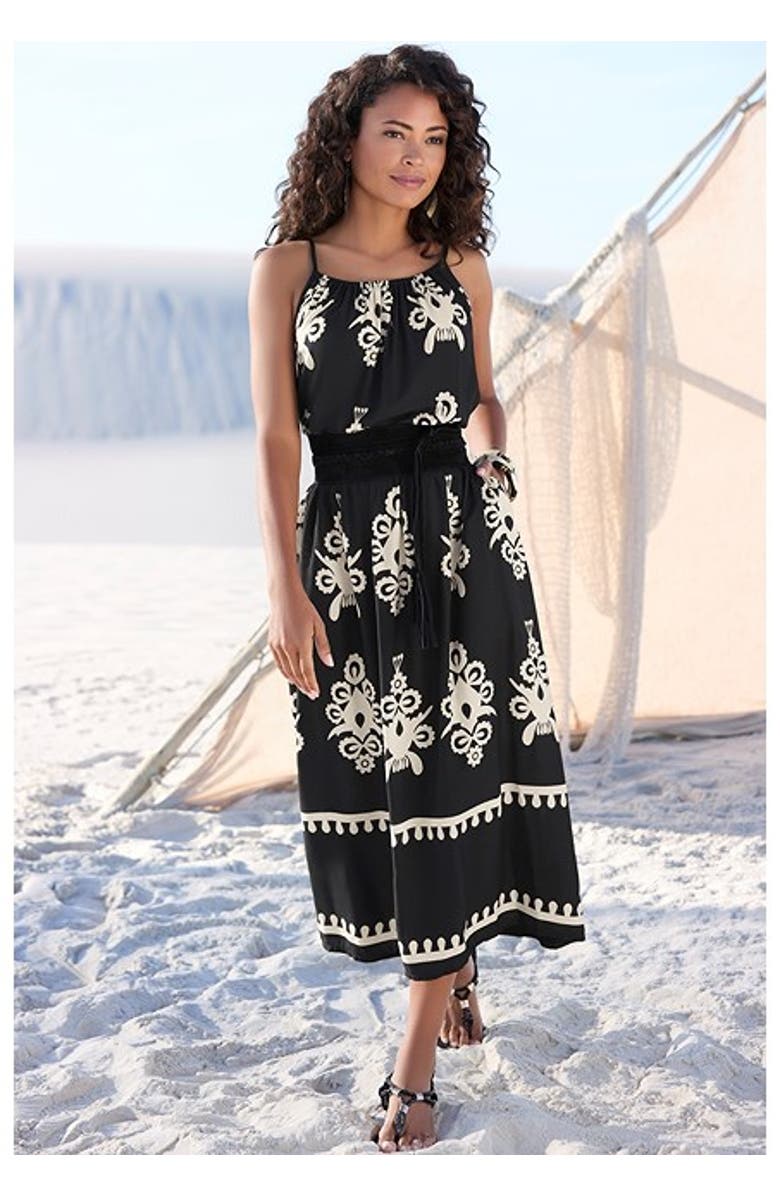 LASCANA Women's Ornamental Print Dress, Alternate, color, Black & Sand