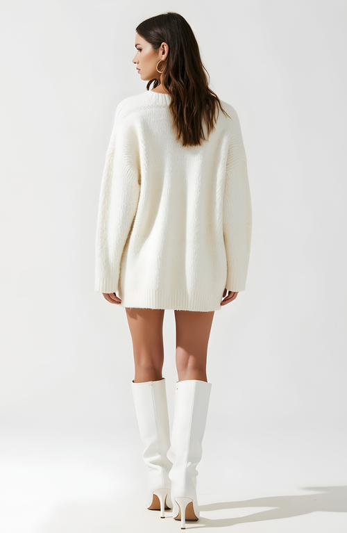 Modenaire Oversized Knit Sweater Dress With Statement Bow And Ribbed Trim In White