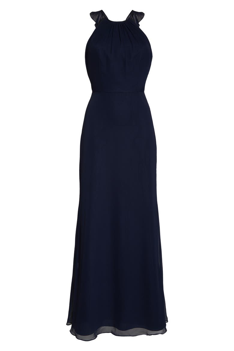 Ruffle Back Chiffon Halter Gown, Alternate, color, MIDNIGHT