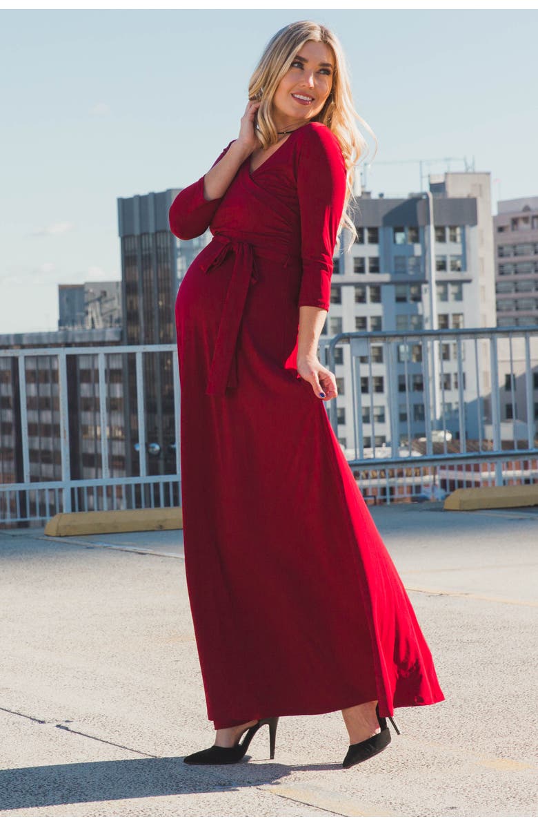 PinkBlush Draped 3/4 Sleeve Maternity Maxi Dress, Alternate, color, Burgundy