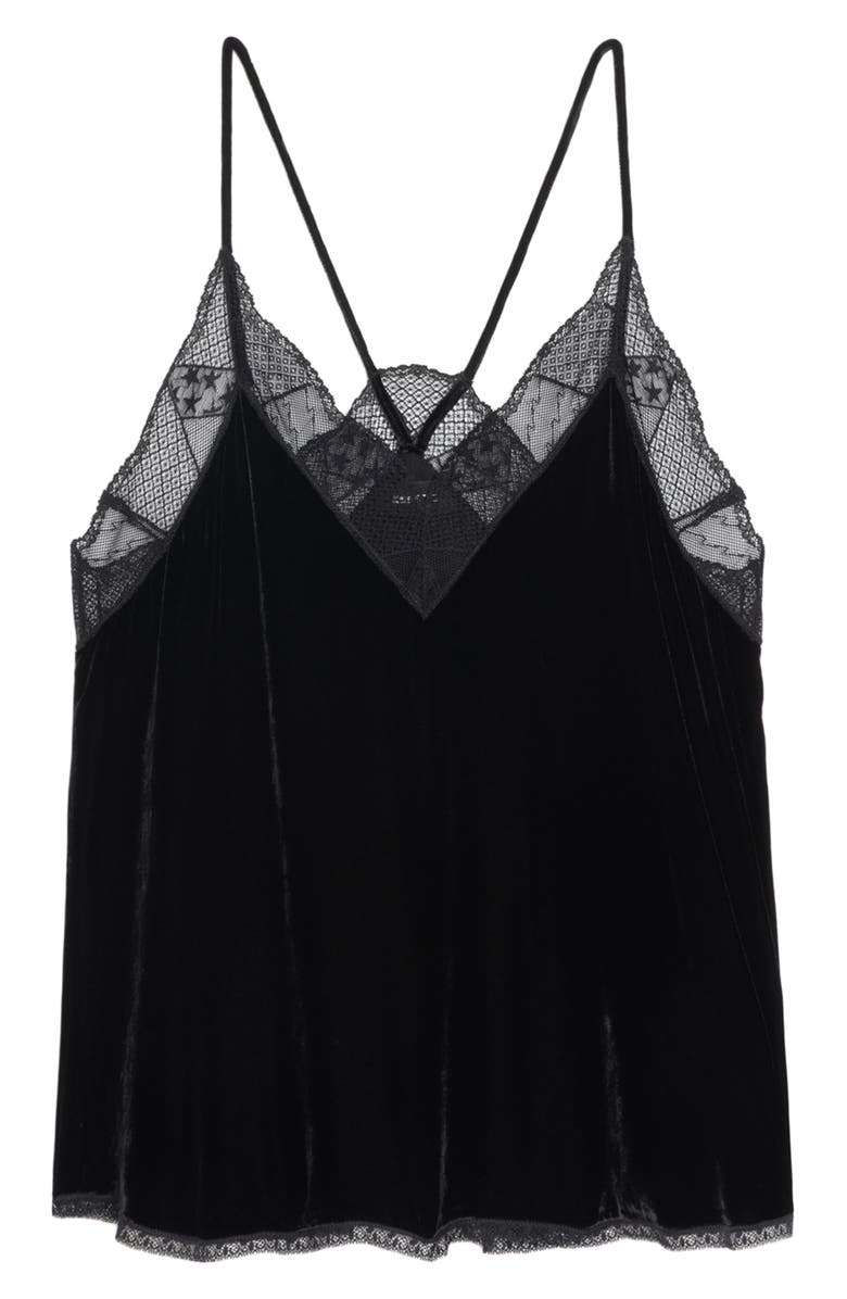 Zadig & Voltaire Christy Lace & Velvet Camisole, Alternate, color, Black