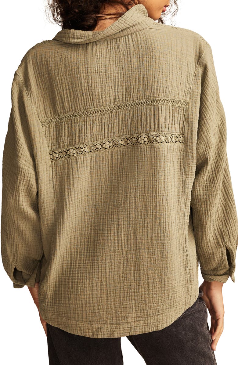 Lucky Brand Lace Inset Cotton Gauze Button-Up Shirt, Alternate, color, Dusty Olive