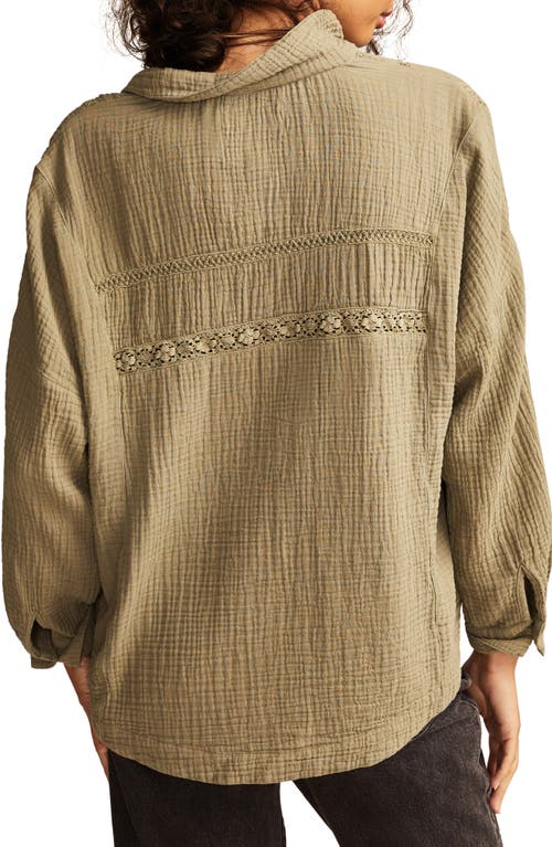 Lucky Brand Lace Inset Cotton Gauze Button-up Shirt In Green