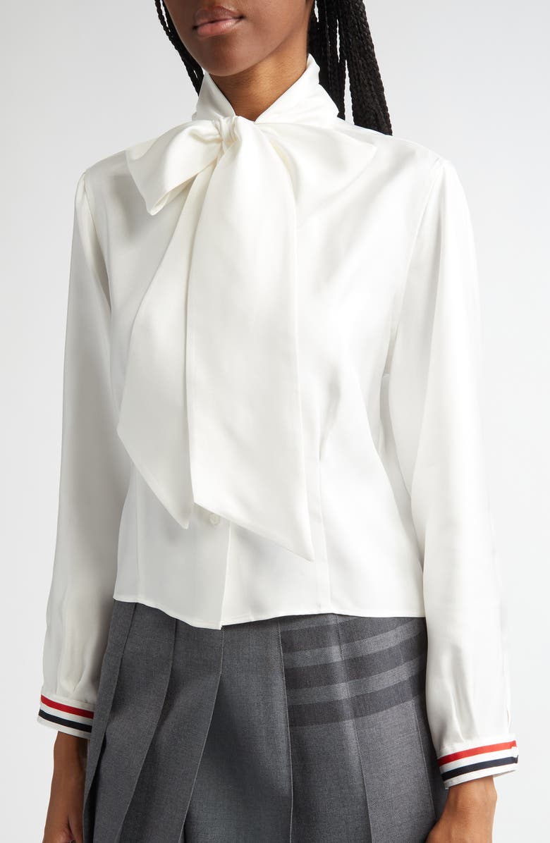 Thom Browne Tie Neck Long Sleeve Silk Top, Alternate, color, White