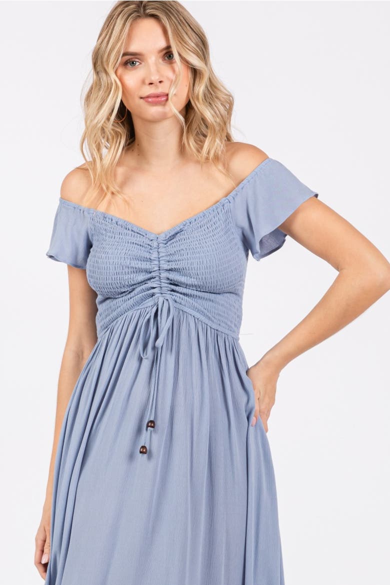 Smocked Ruched Ruffle Hem Maxi Dress, Alternate, color, Light Blue