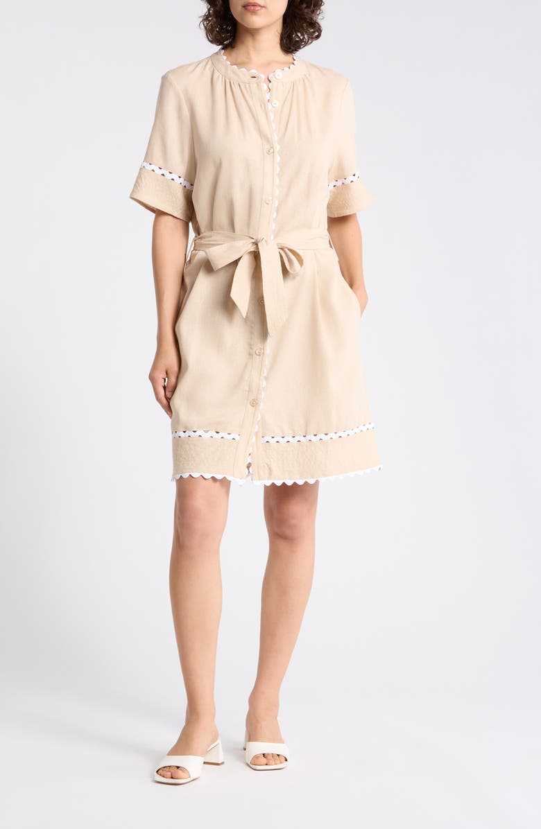 Ellen Tracy Rickrack Trim Short Sleeve Shirtdress, Main, color, Linen