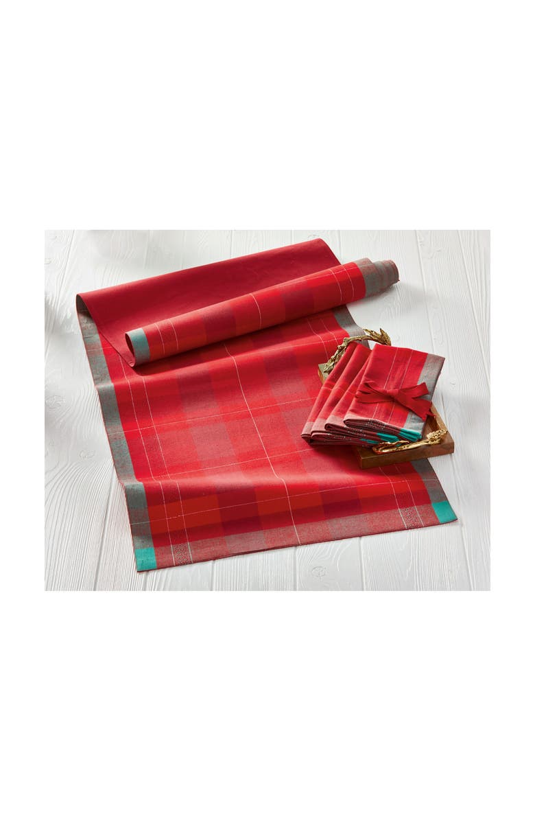 tag Joyous Plaid Table Runner Red Multi Cotton Christmas Decor, Alternate, color, Red