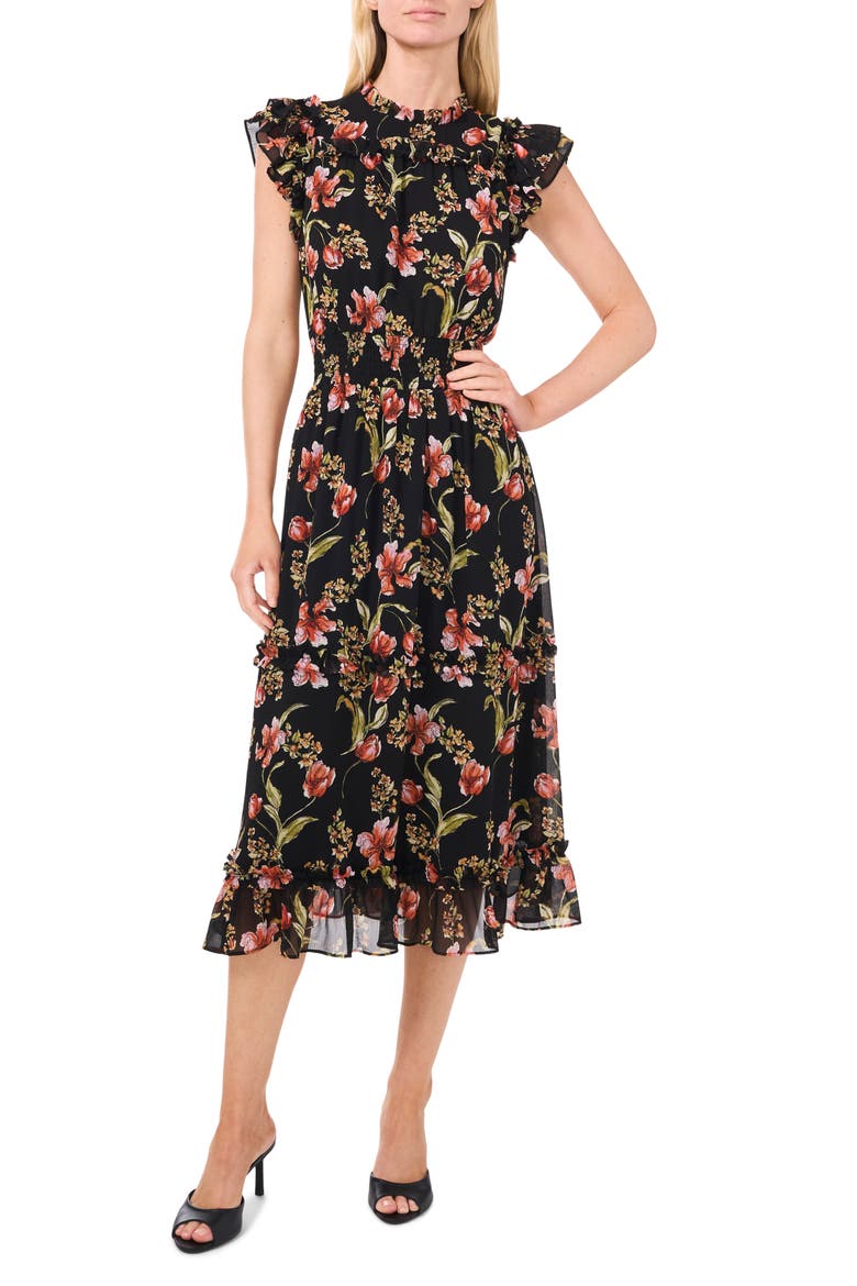 Floral Flutter Sleeve Midi Dress, Main, color, RICH BLACK