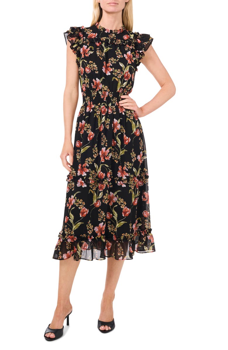 CeCe Floral Flutter Sleeve Midi Dress, Main, color, Rich Black
