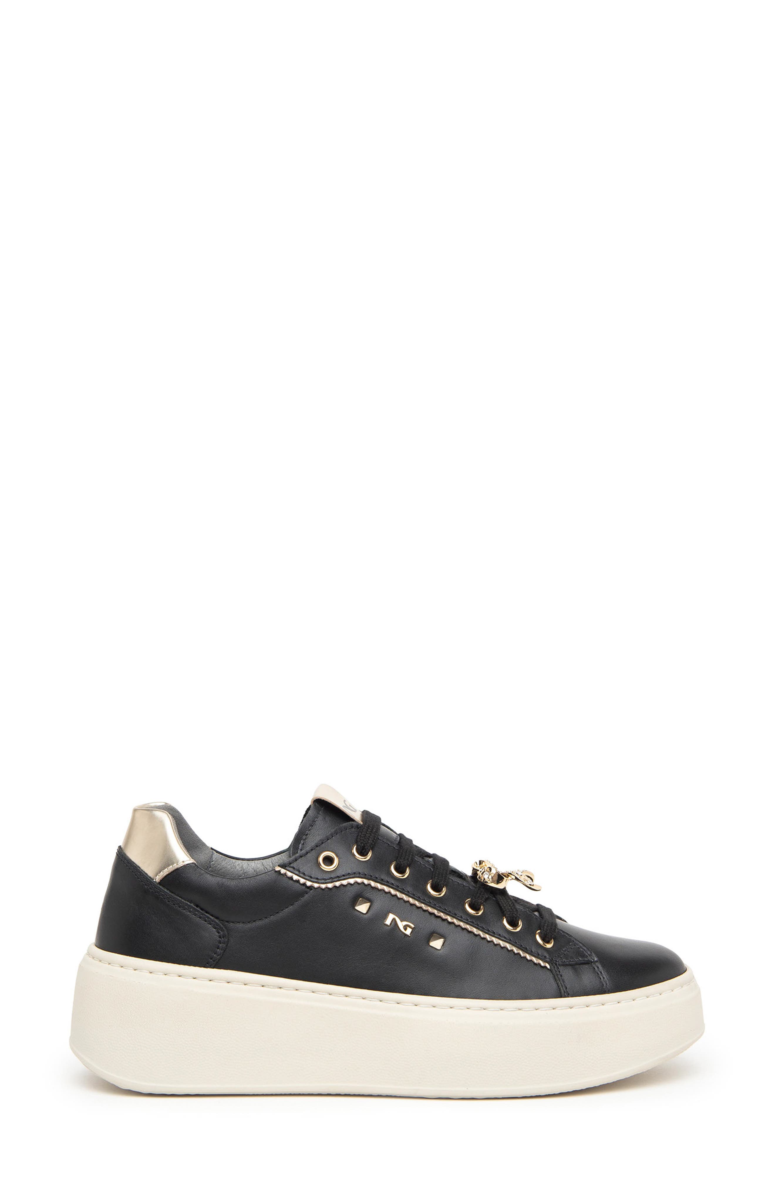 Gems Leather Platform Sneaker, Alternate, color, BLACK