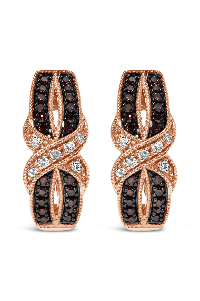 10K Rose Gold 1/3 Ct White and Brown Diamond Milgrain Criss Cross J-Hoop Earrings, Alternate, color, Pink