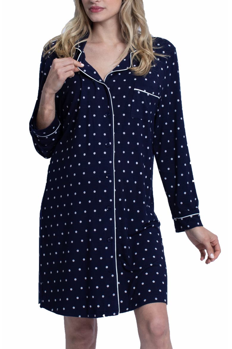 Polka Dot Maternity/Nursing Nightshirt & Baby Wrap Set, Main, color, NAVY/ SPOTS