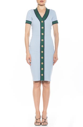 Alexia Admor Otto V-neck Short Sleeve Ribbed Sweater Dress In Halogen Blue
