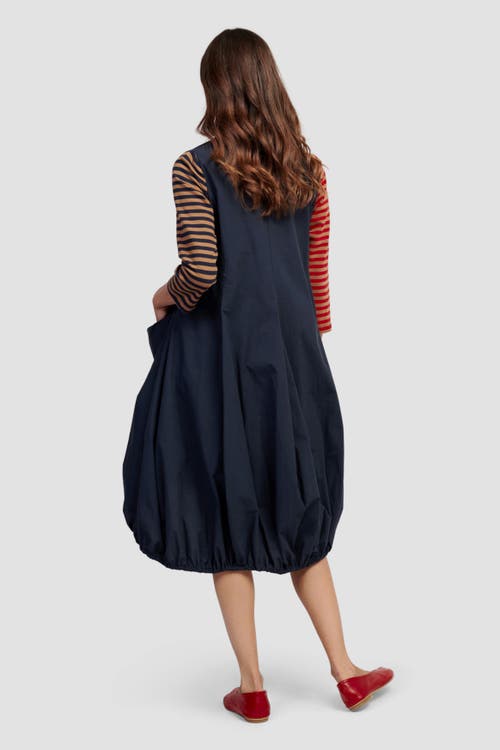 Alembika Mixed Media Shirt Dress With Balloon Skirting In Navy/red/camel