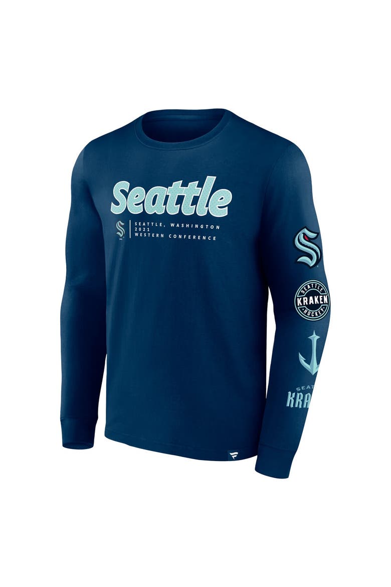 Men's Fanatics Branded Deep Sea Blue Seattle Kraken Strike the Goal Long Sleeve T-Shirt, Alternate, color, Navy