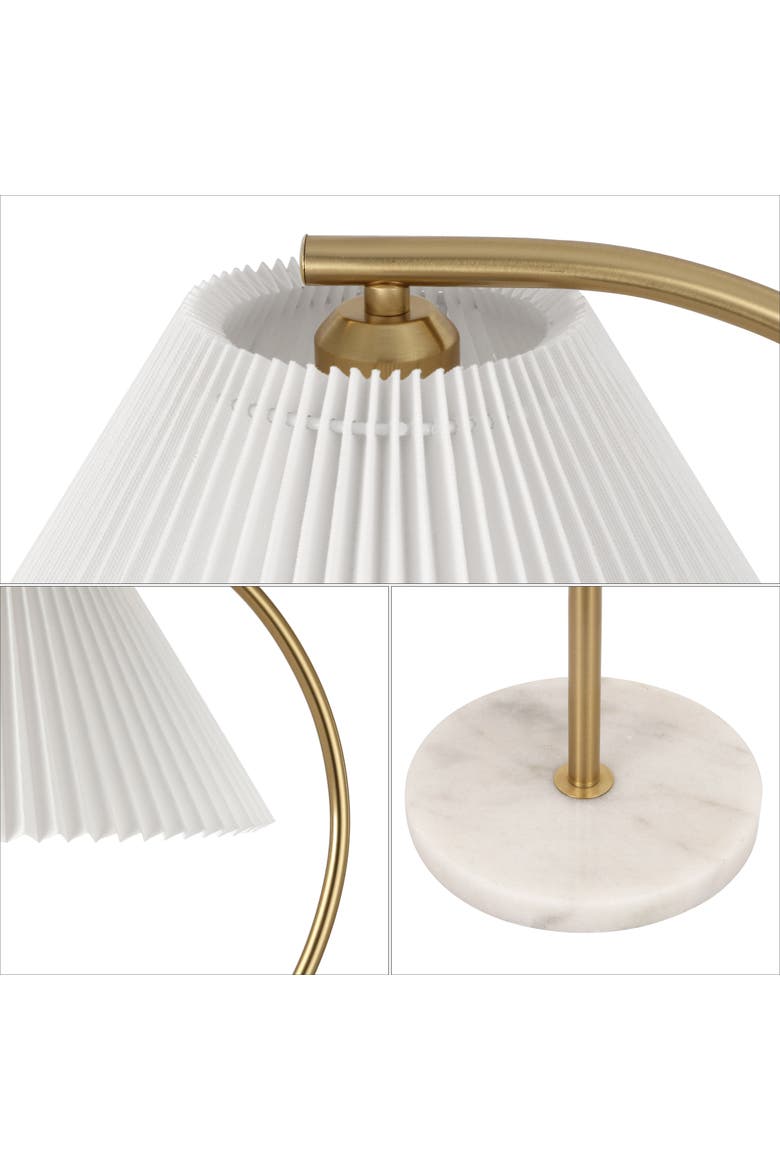 Devon Modern Glam Metal Arc LED Floor Lamp with Pleated Shade, Alternate, color, Brass Gold/Marble