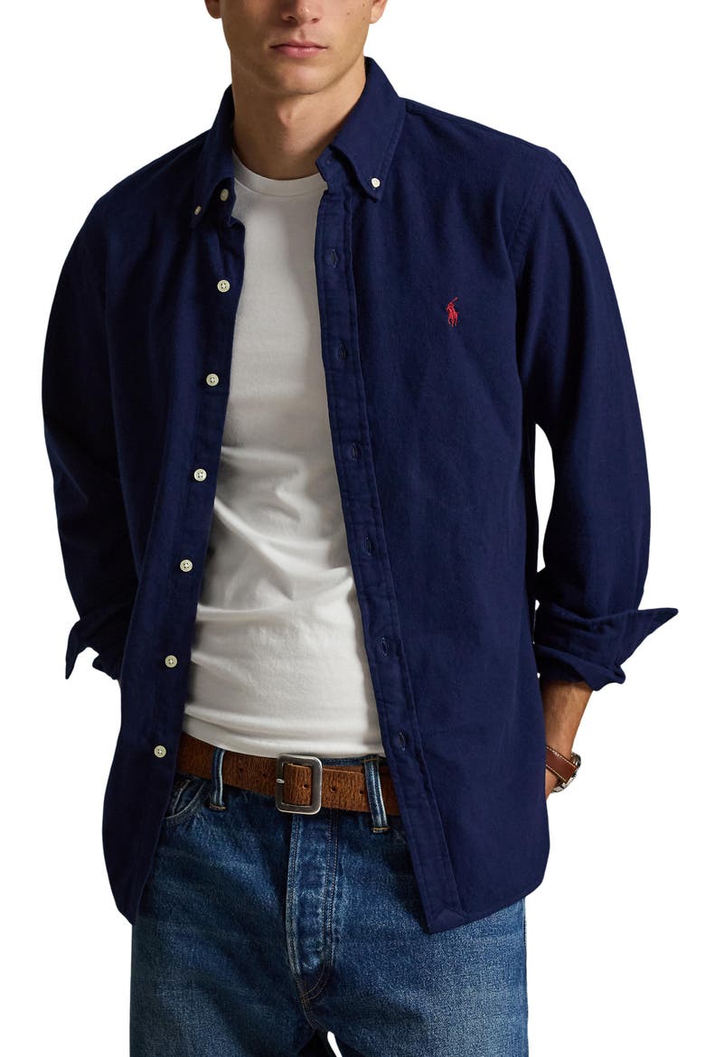 Classic Fit Brushed Cotton Flannel Button-Down Shirt, Main, color, NAVY