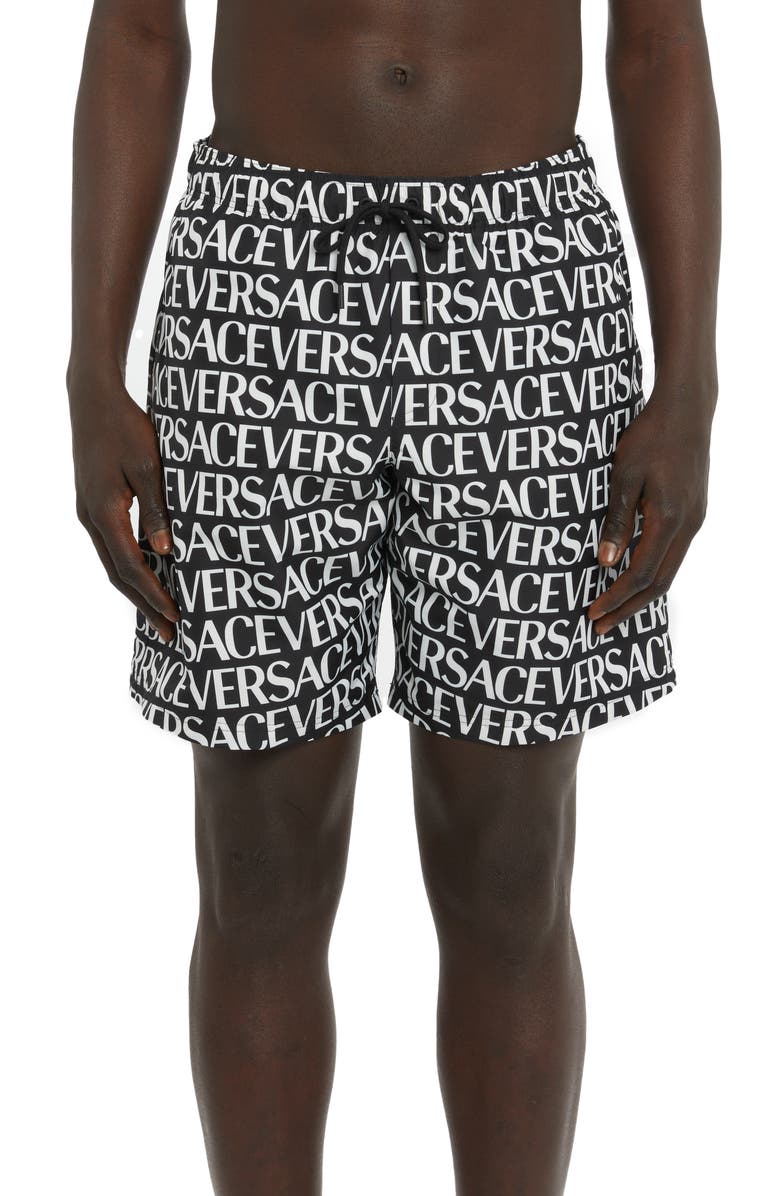 Versace Logo Print Swim Trunks, Main, color,