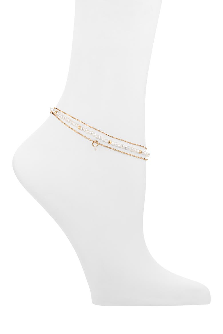 Set of 3 Assorted Faux Pearl Bead & Chain Anklets, Main, color, IVORY- GOLD
