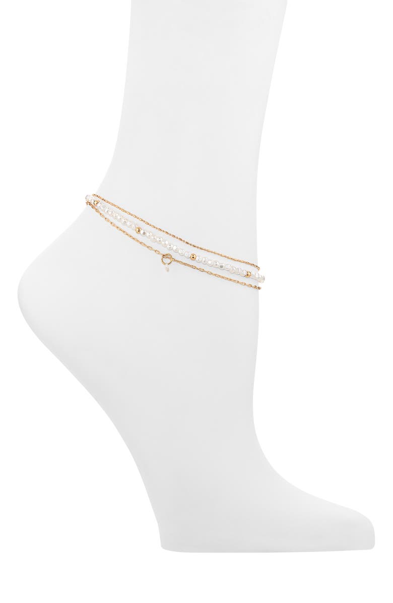 BP. Set of 3 Assorted Faux Pearl Bead & Chain Anklets, Main, color, Ivory- Gold
