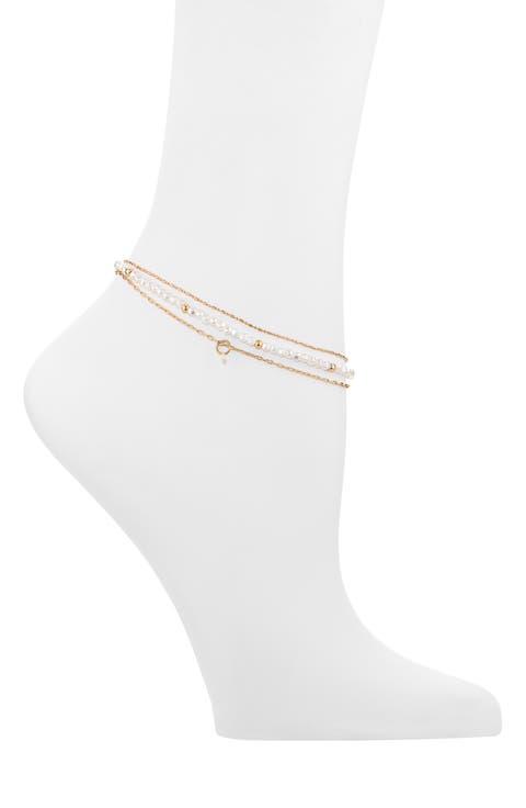 Set of 3 Assorted Faux Pearl Bead & Chain Anklets