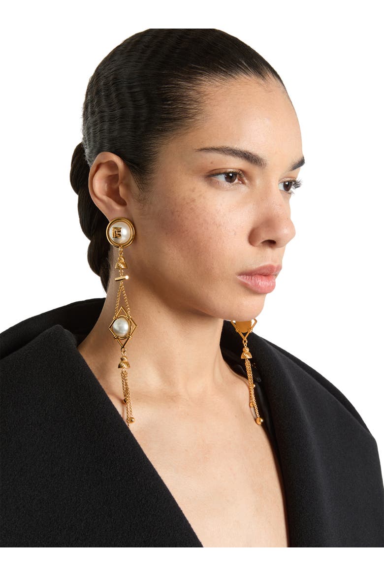 Brass and pearl pendant earrings, Alternate, color, gold