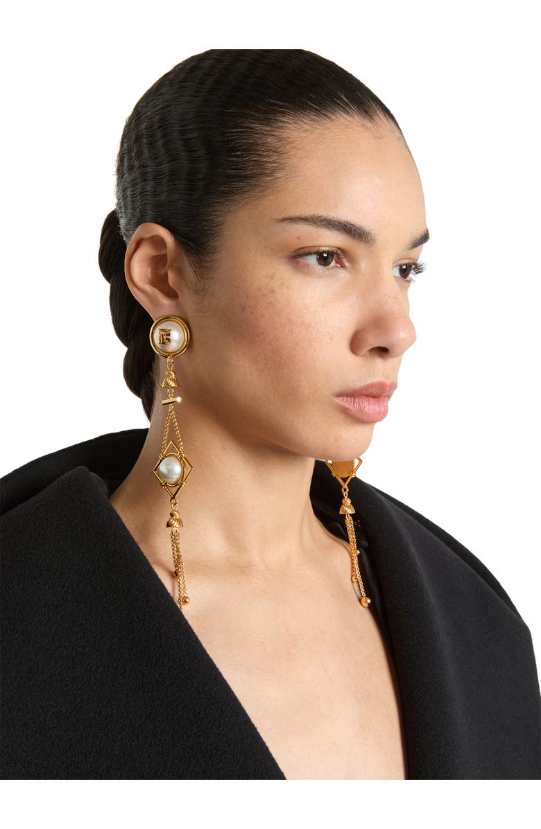 Balmain Brass and pearl pendant earrings, Alternate, color, Gold
