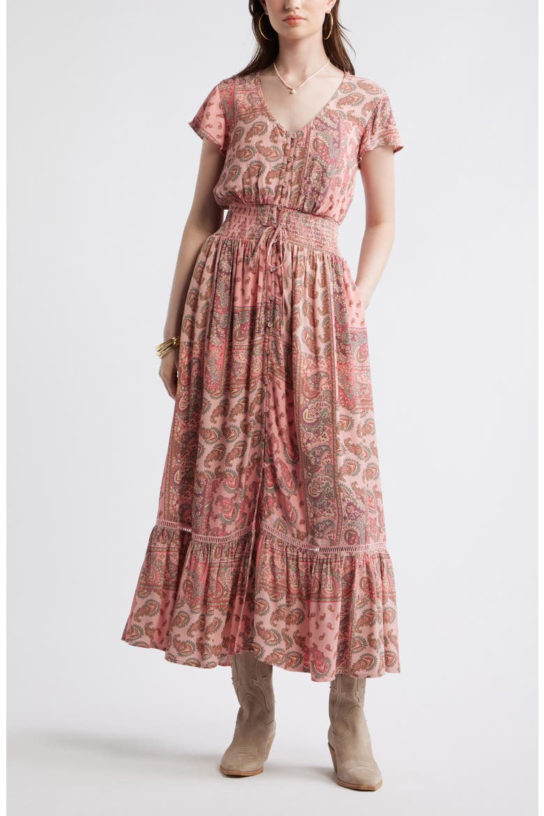 Print Smocked Waist Ruffle Hem Maxi Dress, Main, color, PINK- OLIVE PATCHWORK PAISLEY