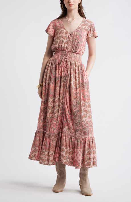 Print Smocked Waist Ruffle Hem Maxi Dress