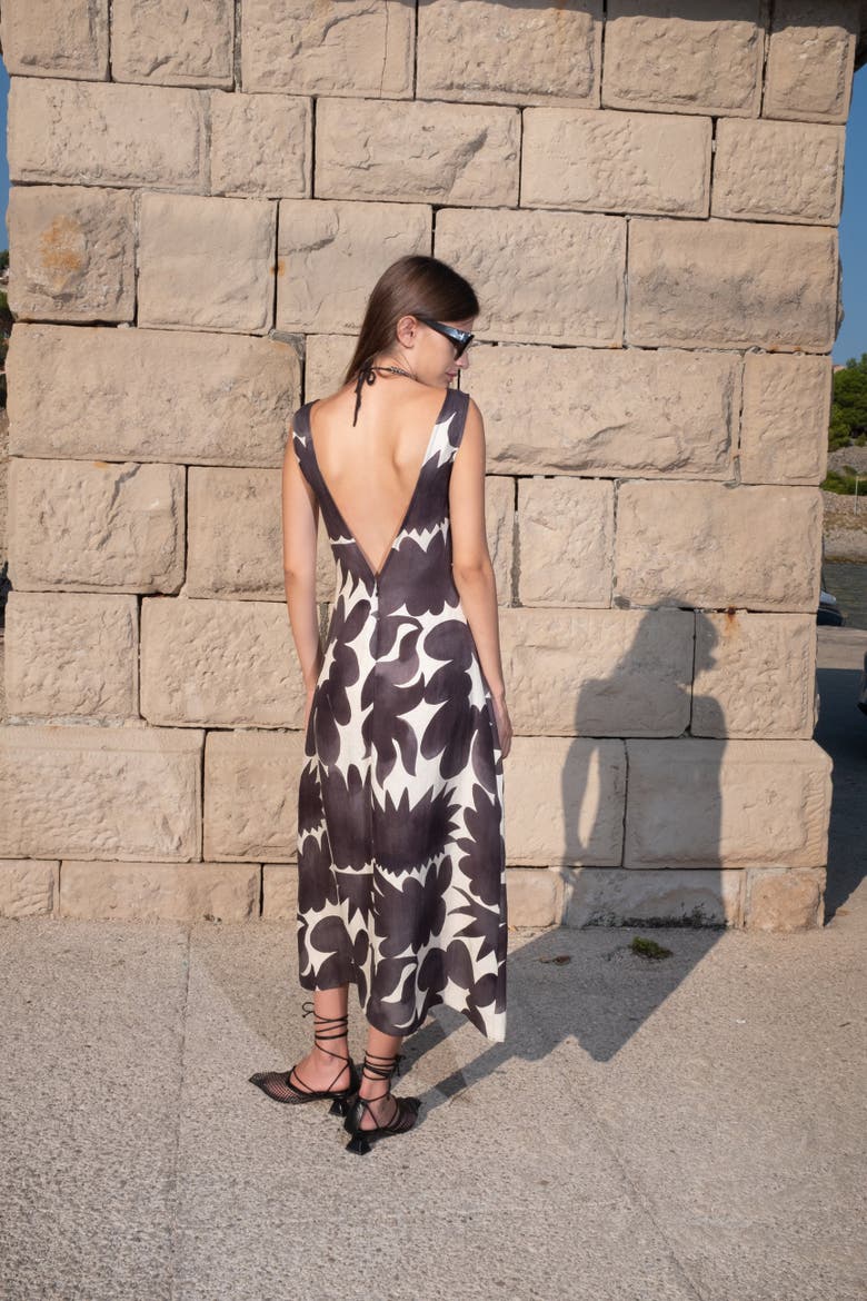 Malikoh Boat-Neck Open-Back Printed Midi Dress, Alternate, color, Facula Black