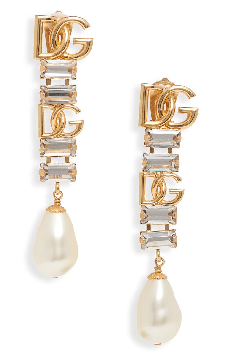 Dolce&Gabbana DG Logo Imitation Pearl & Crystal Drop Earrings, Main, color, 